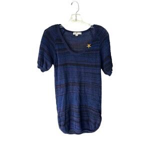 See By Chloe Blue Embroidered Lagenlook Lightweight Knit‎ Short Sleeve Sweater